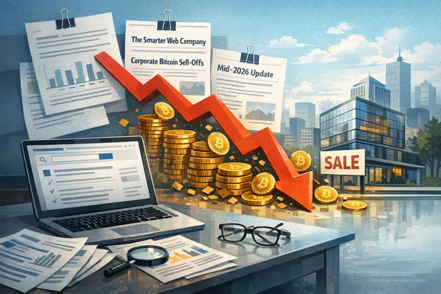 Bitcoin price chart and falling arrow over corporate office buildings, representing corporate Bitcoin treasury sell-offs in mid-2026