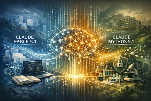Editorial illustration representing Anthropic’s Claude Fable 5.1 and Mythos 5.1 AI models with different access and safety configurations