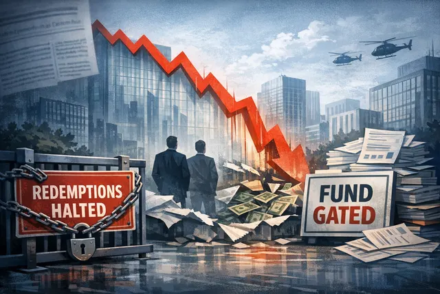 Partners Group headquarters sign with downward stock chart overlay