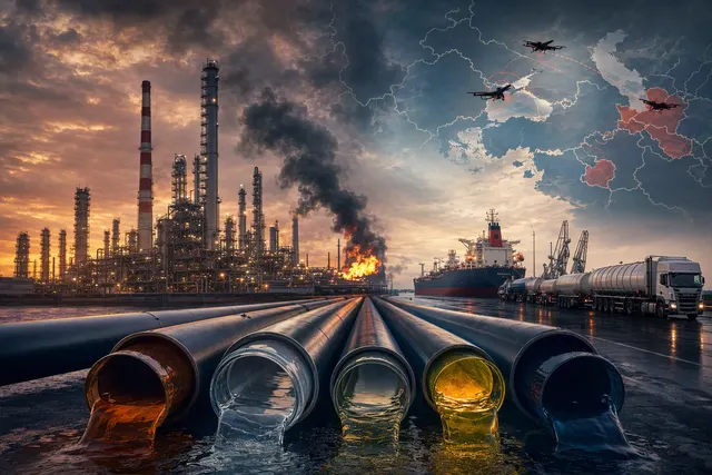 Editorial illustration of a refinery and global fuel supply disruption
