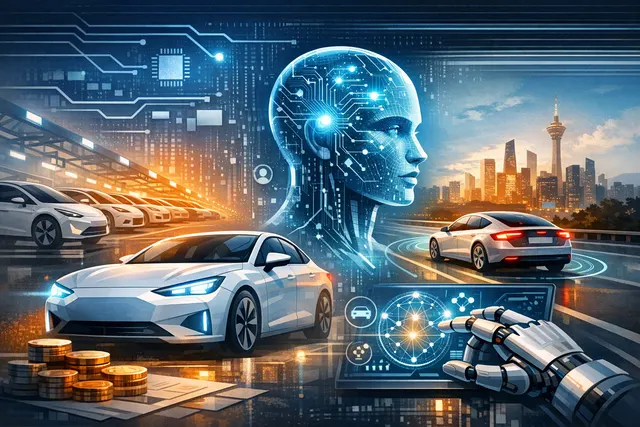 Chinese electric vehicles driving autonomously on a futuristic smart highway, representing the industry shift from price competition to AI-powered self-driving technology