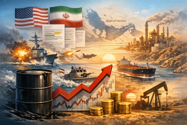 A satellite view of the Strait of Hormuz with oil tankers and a superimposed geopolitical risk gauge showing elevated levels, illustrating the factors driving oil prices up.