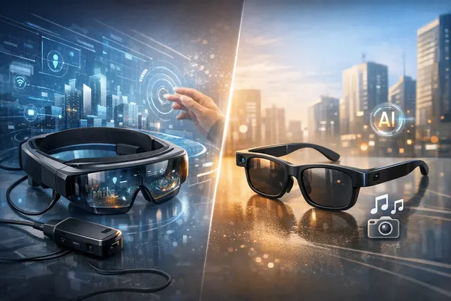 Acer AR Vision GR0 wired display smart glasses and GI0 AI camera frames side by side on a desk