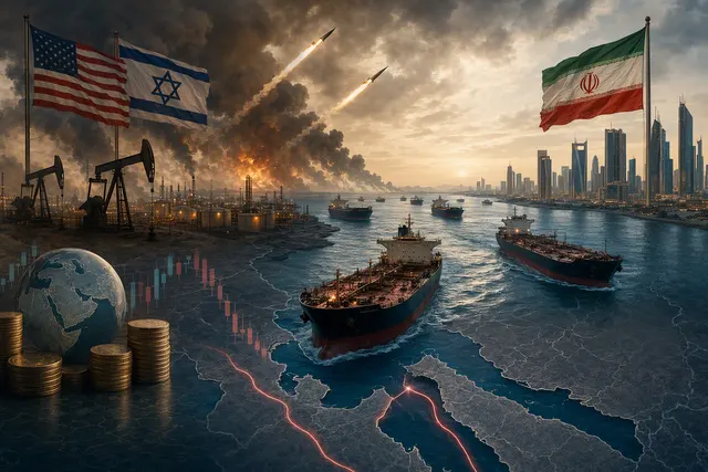 Editorial illustration of the Iran war’s disruption to Gulf energy exports through the Strait of Hormuz