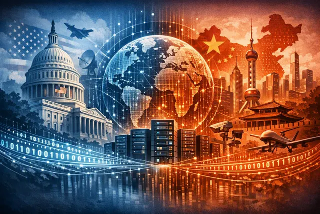 Abstract editorial illustration of data streams connecting industrial machinery, artificial intelligence, and national-security systems