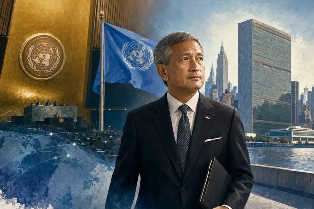AI-generated editorial illustration about Singapore’s participation in the 2026 UN General Assembly