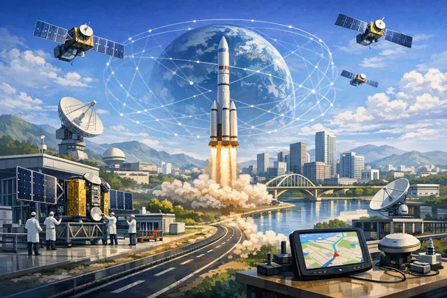 Illustration of Zhuzhou’s BeiDou satellite industrial chain, showing satellites, manufacturing, radar imagery, and connected transport