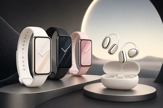 Illustration of Xiaomi ecosystem devices including smartphone, fitness band, earbuds, and headphones ahead of a launch event