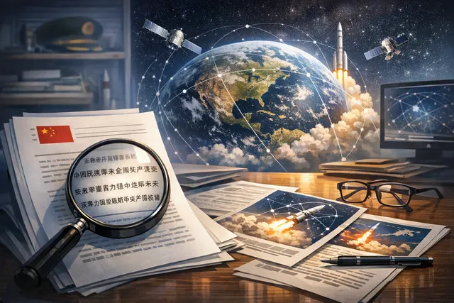 Satellite constellation in low-Earth orbit above a view of the Earth, representing the militarization of space