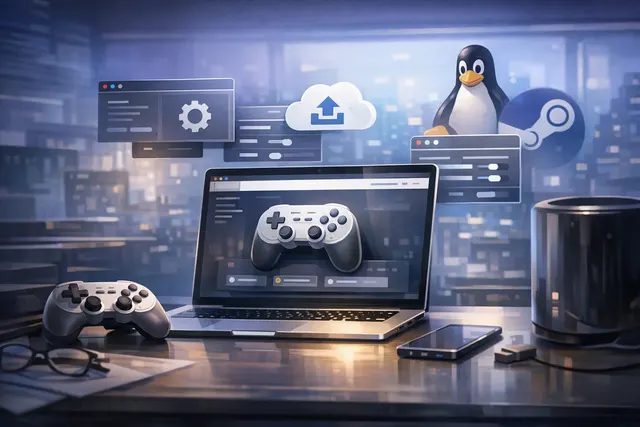 Illustration of an 8BitDo game controller being updated through a web browser on a Linux desktop