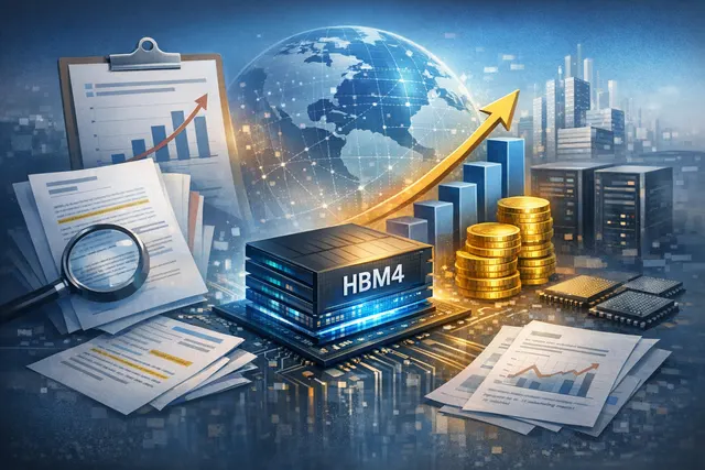 Conceptual illustration of high-bandwidth memory (HBM) chips and AI data flow, representing Samsung's HBM4 milestone