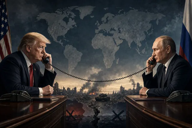 Editorial illustration representing the Trump-Putin phone call about the war in Ukraine