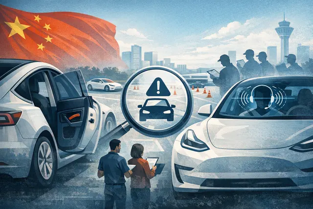 Tesla electric vehicle with illuminated door handles and safety warning graphics illustrating China’s recalls