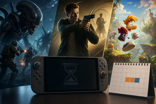 Editorial illustration representing delayed third-party Nintendo Switch 2 game releases