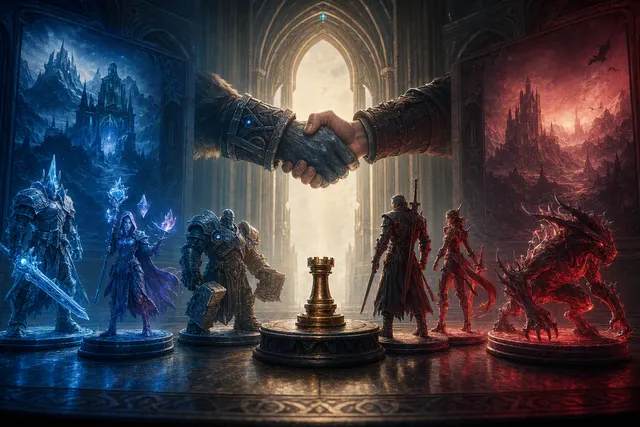 Editorial illustration of Blizzard Battle.net’s partnership with CD Projekt Red featuring The Witcher and Cyberpunk themes