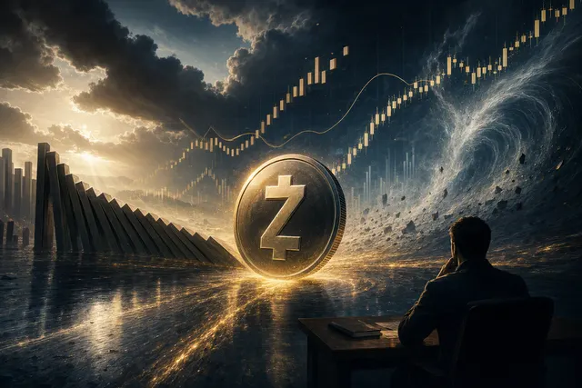 Editorial illustration of Zcash market volatility following a large short-position exit