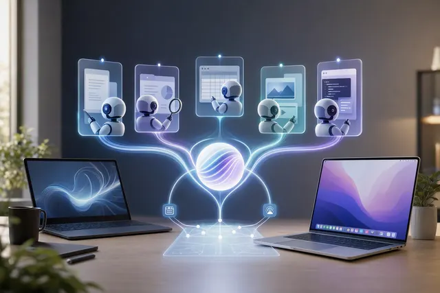 Editorial illustration of Doubao Work parallel AI agents coordinating desktop work