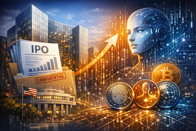 Abstract visualization of an AI-themed crypto token rally sparked by Anthropic's $965 billion IPO filing
