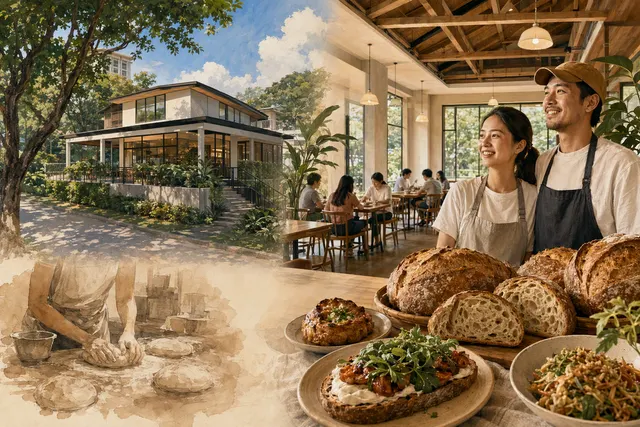 AI-generated editorial illustration accompanying a guide to Marymount Bakehouse’s Upper Thomson outlet