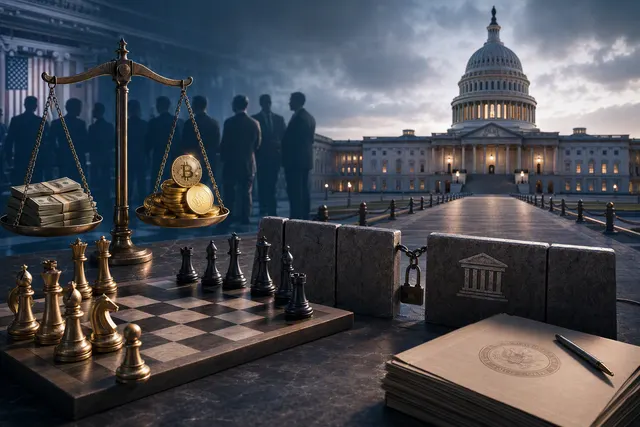 Editorial illustration of the U.S. Senate and cryptocurrency regulation debate