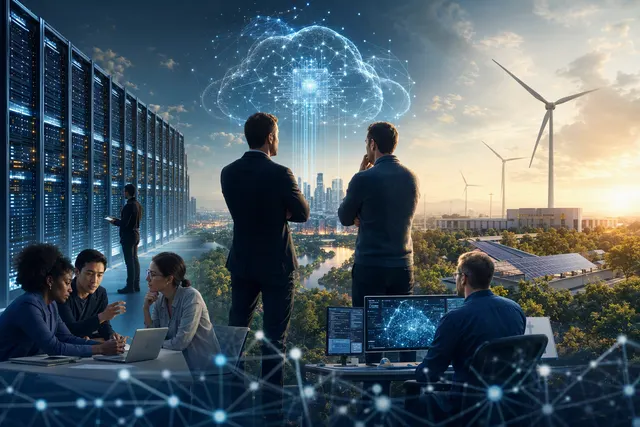 Illustration of data-center infrastructure and AI computing, representing AWS’s investment and growth debate.