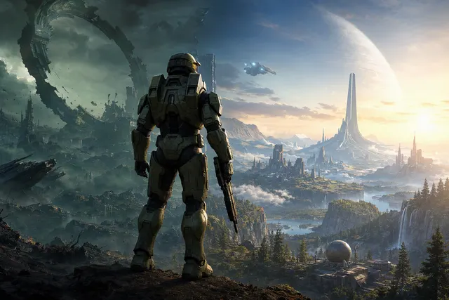 AI-generated editorial illustration for an article about the Halo reboot debate and a possible new story beginning after Halo 3