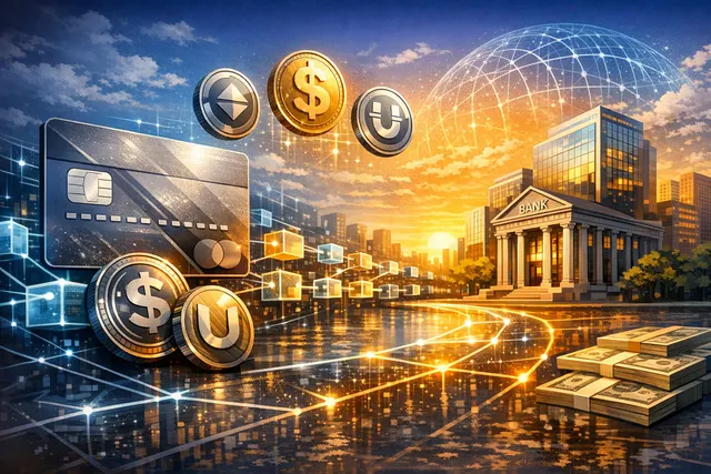 Mastercard and Visa cards shown with blockchain network and stablecoin icons, representing the shift to 24/7 on-chain card settlement.