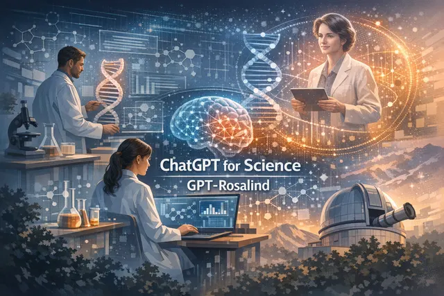 Abstract illustration of a DNA helix and molecular structures representing AI-powered life sciences research with ChatGPT