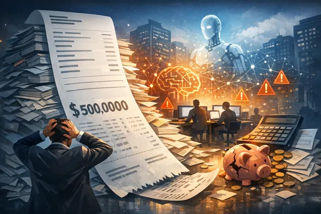 Conceptual illustration of a massive, out-of-control AI bill with an enterprise building in the background.