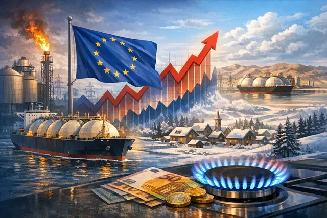 Illustration of European gas storage tanks, LNG tankers and the Strait of Hormuz supply route