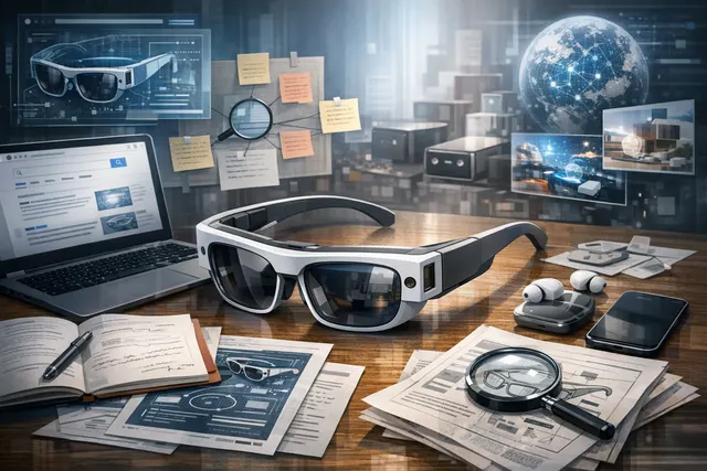 Conceptual illustration of Samsung Galaxy Glasses showing square lenses and temple-mounted camera, based on leaked renders