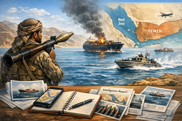 Satellite image or map of the Bab el-Mandeb Strait, the Red Sea chokepoint under Houthi blockade threat, overlaid with shipping lane markers