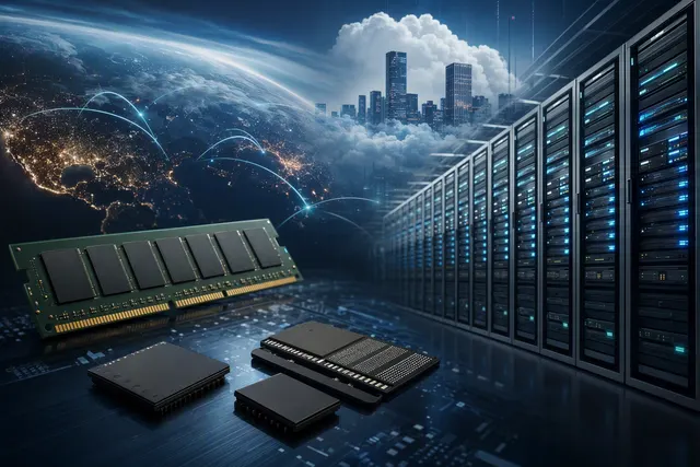 Illustration of AI data-center infrastructure and memory chips