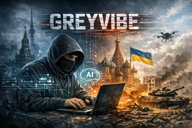 Digital illustration of AI-powered malware targeting Ukrainian networks, with a map of Ukraine, glowing data nodes, and the GreyVibe group signature.
