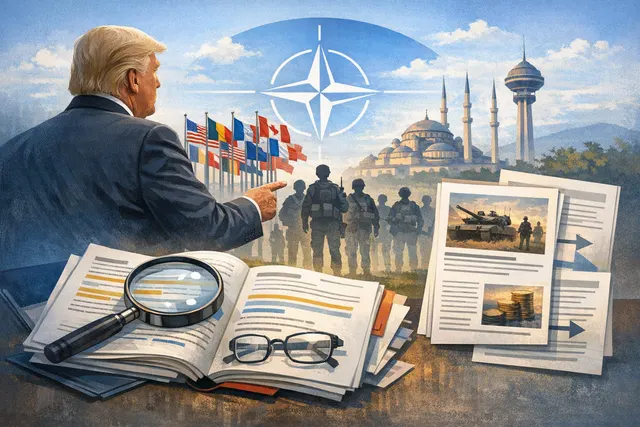 A digital illustration showing a NATO flag, a globe, and a calendar marking July 7-8, 2026, with silhouettes of world leaders facing each other across a table, symbolizing the cont