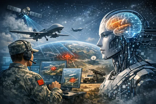 Abstract visualization of China's LLM-powered Air Target Agent System analyzing satellite imagery to autonomously identify aerial targets.