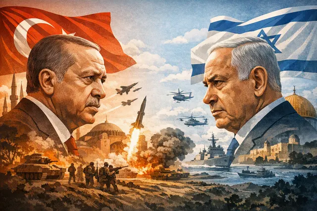 Editorial illustration of Recep Tayyip Erdoğan and Benjamin Netanyahu facing each other amid a map of the Middle East