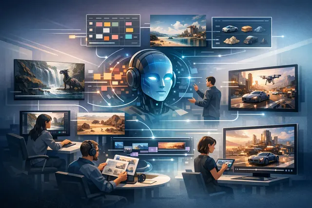 Editorial illustration of an AI video production workflow connecting a storyboard canvas, 3D director booth, video clips, and audio assets