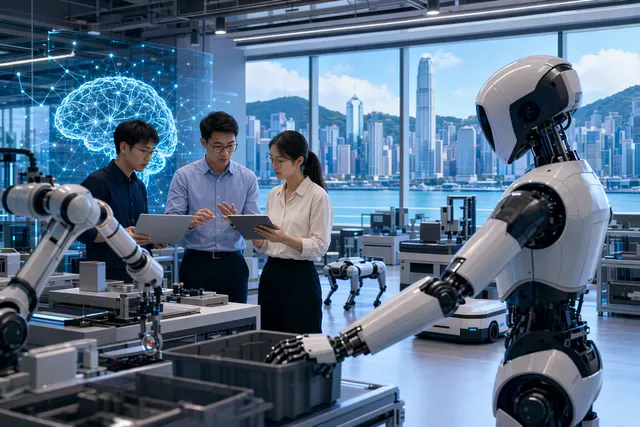 Editorial illustration of humanoid and quadruped robots representing embodied AI research at CUHK