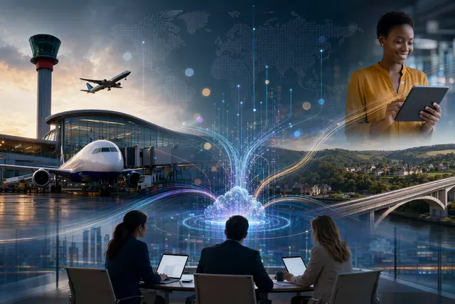 Enterprise analytics and AI dashboards connecting airport, telecom, and engineering operations through unified data