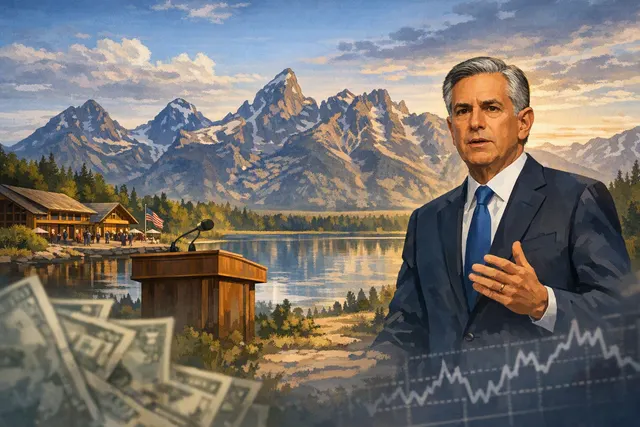 Editorial illustration of the Federal Reserve, AI-driven growth and currency volatility ahead of Kevin Warsh’s Jackson Hole keynote