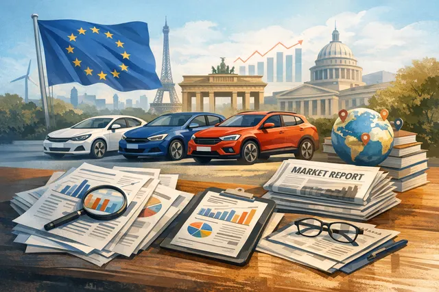 Abstract illustration of European car market growth with upward arrows and EV charging symbols