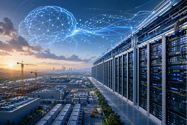 Editorial illustration of Alphabet’s AI infrastructure investment and cloud computing expansion