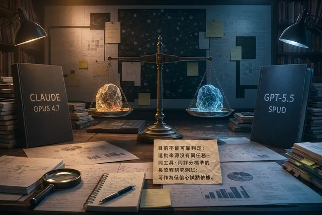 抽象 AI 模型比較圖，呈現 Claude Opus 4.7 與 GPT-5.5 Spud 在長流程研究任務中的穩定性評估