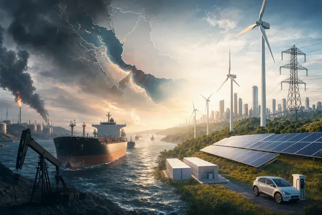 Editorial illustration of energy infrastructure and the Strait of Hormuz supply disruption