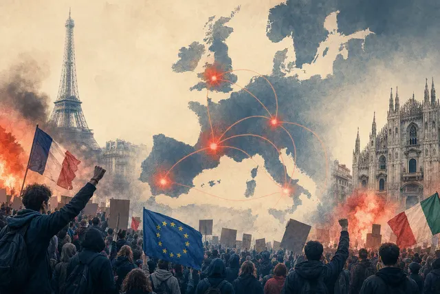 AI-generated editorial illustration representing protests and unrest across Europe; it does not depict a verified event.