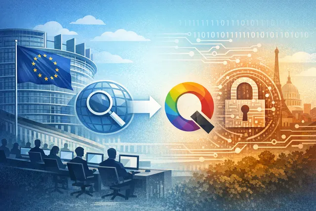 Illustration of the European Union flag composed of glowing digital circuit lines, symbolizing the EU's push for digital sovereignty and independent tech infrastructure.