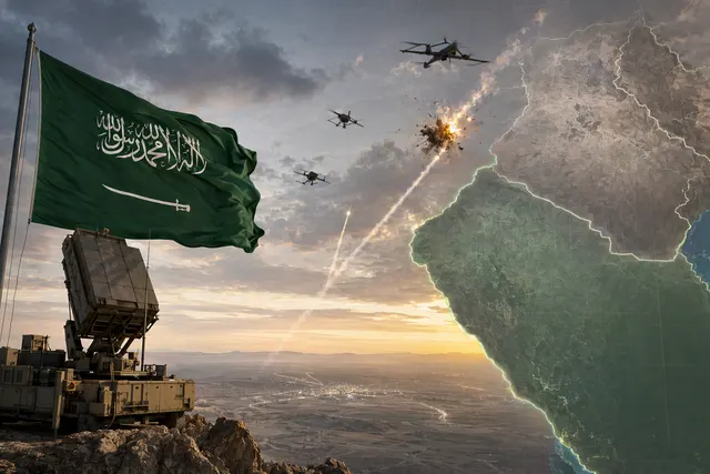 Illustration of air defense intercepting drones over Saudi Arabia amid regional conflict