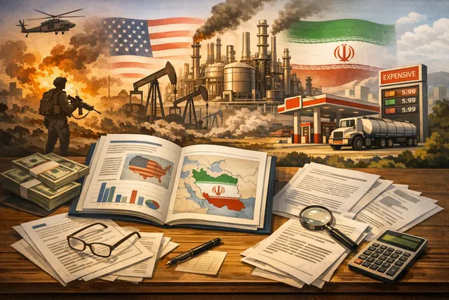 Graphic illustration of a globe with oil barrels and rising price charts representing the economic cost of the U.S.-Iran war and the Strait of Hormuz crisis.