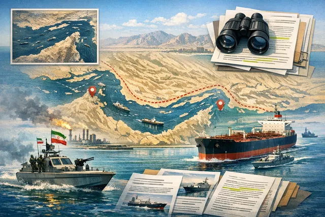 A panoramic view of the Strait of Hormuz with oil tankers and cargo ships navigating the waterway, representing the current status of commercial shipping traffic.